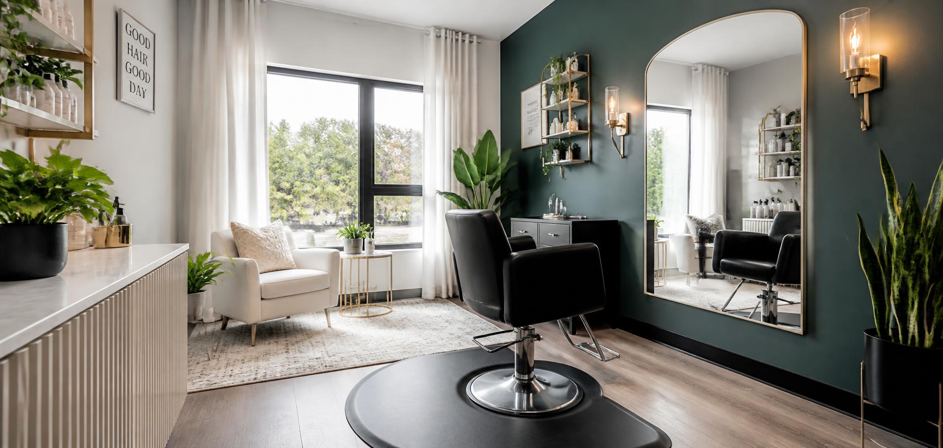 Bright private salon suite in Forest Park, Georgia with a styling chair, large mirror and deep green accent wall