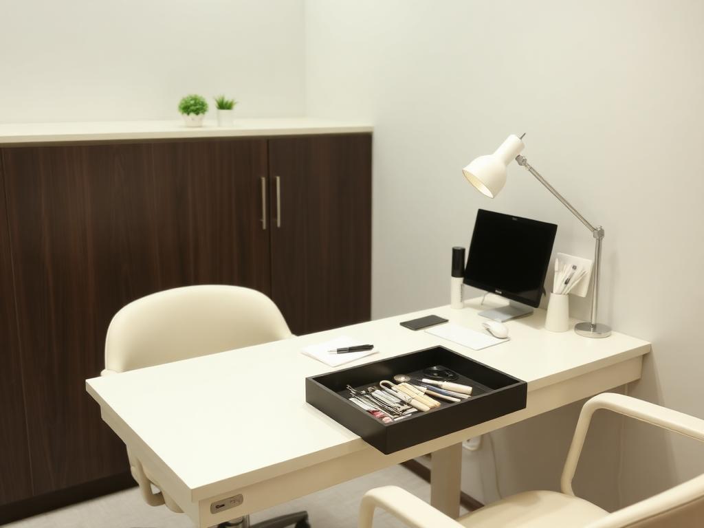 Nail technician suite with a manicure table, tool tray and task lighting